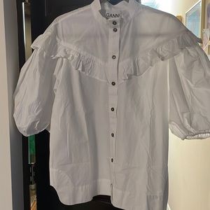 Ganni 3/4 puff sleeve cotton top with ruffles